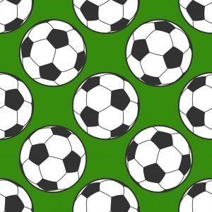 Fußballtapete mit schwarz-weißen Fußbällen und grünem Hintergrund.