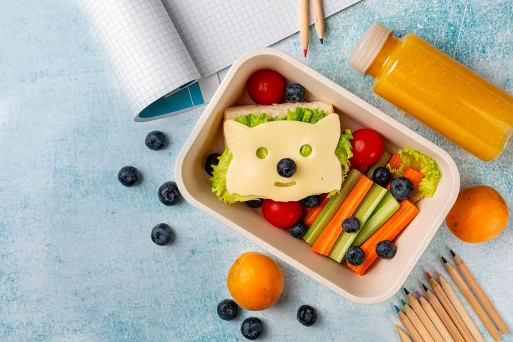 Bunte Lunchbox: Katzensandwich, Gemüse, Obst und Saftflasche
