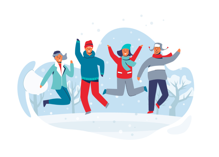 Familie die im Schnee springt