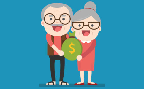 Altes Ehepaar welches ein Geldsack in der Hand halten